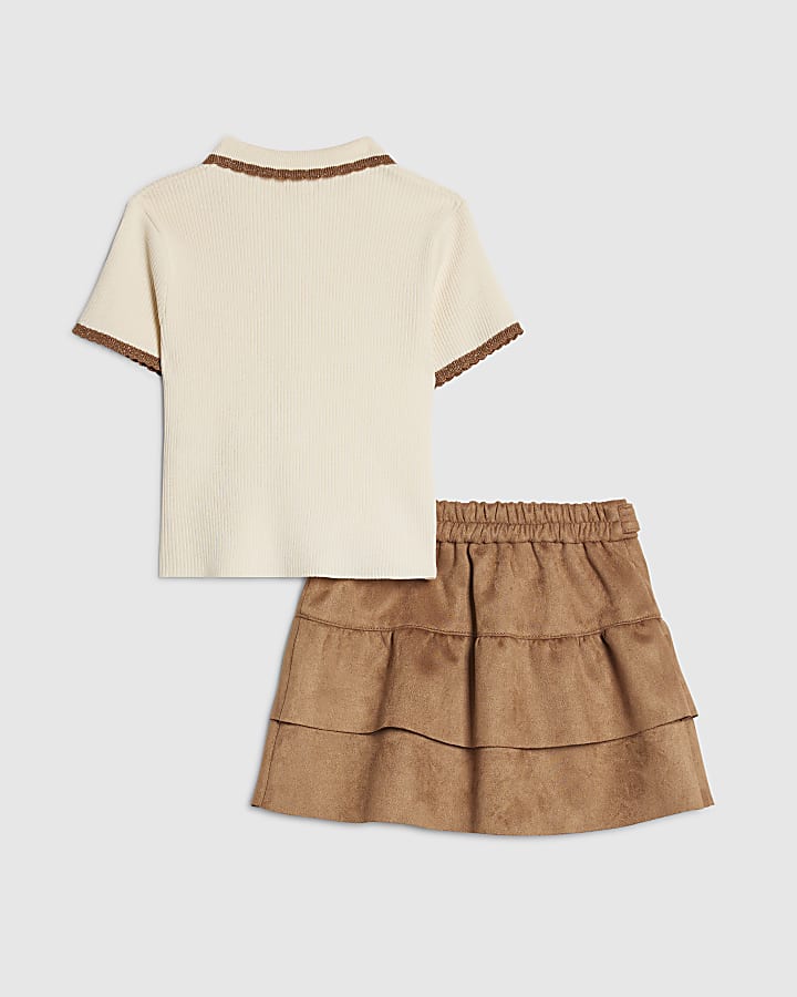 Mini Girls Beige Suede Skirt Set