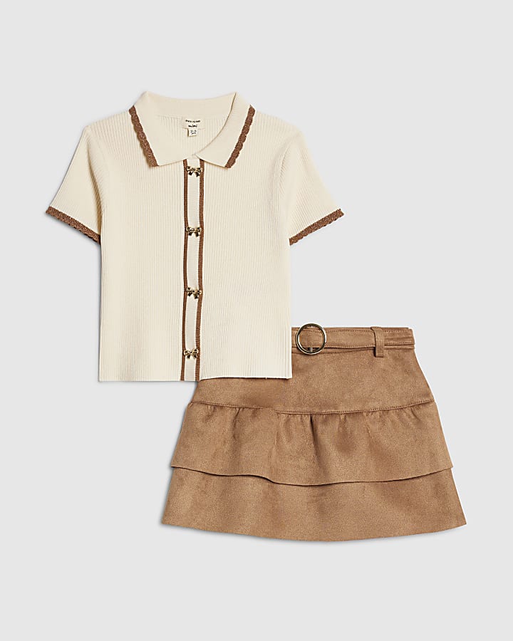 Mini Girls Beige Suede Skirt Set