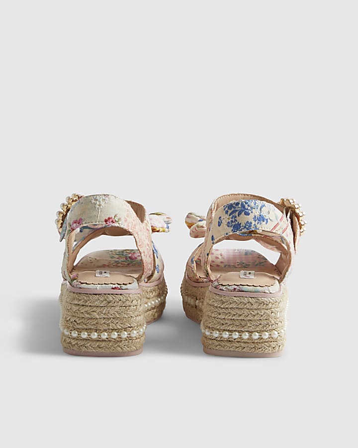 Girls Multi Colour Broderie Bow Wedge Sandals