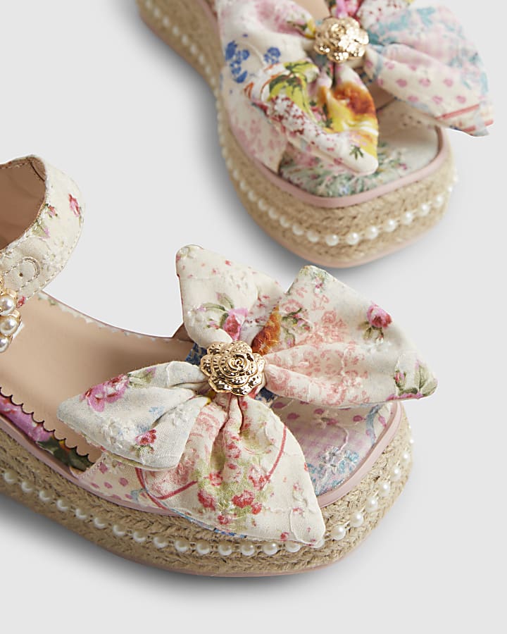 Girls Multi Colour Broderie Bow Wedge Sandals