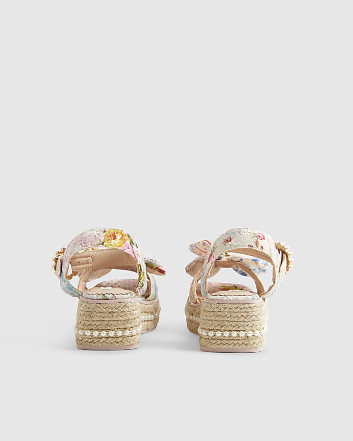 Girls Multi Colour Broderie Bow Wedge Sandals