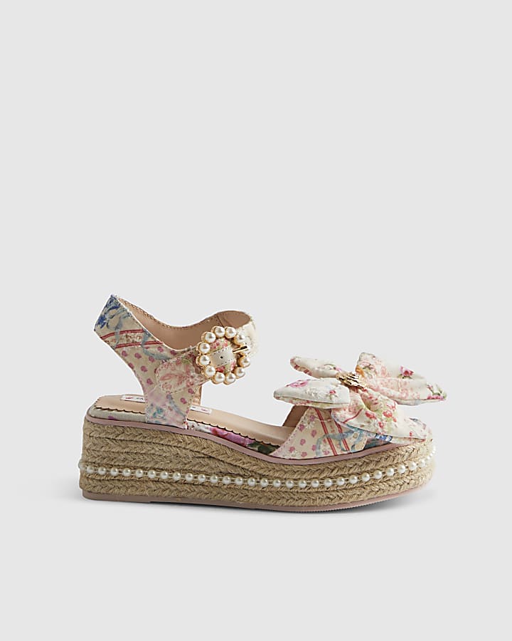 Girls Multi Colour Broderie Bow Wedge Sandals