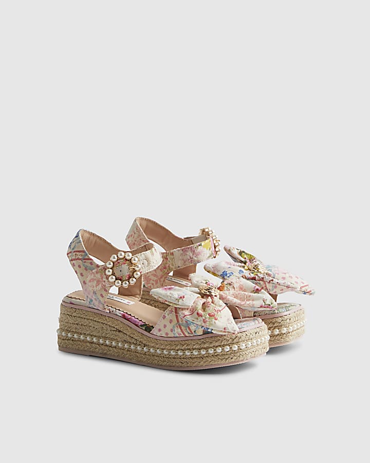 Girls Multi Colour Broderie Bow Wedge Sandals