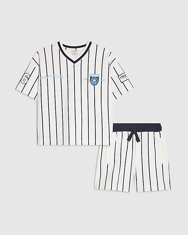 Mini Boys White Oversized Stripe T-Shirt Set