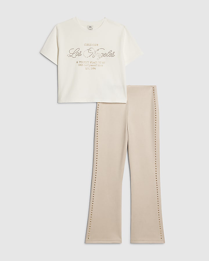 Girls White Flared Faux Suedette Trousers Set