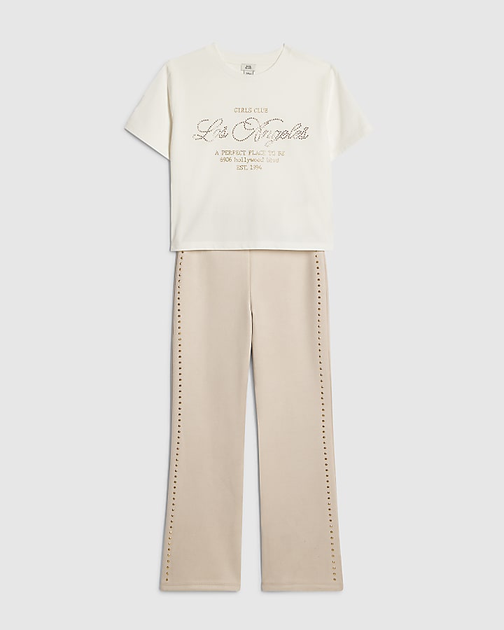 Girls White Flared Faux Suedette Trousers Set