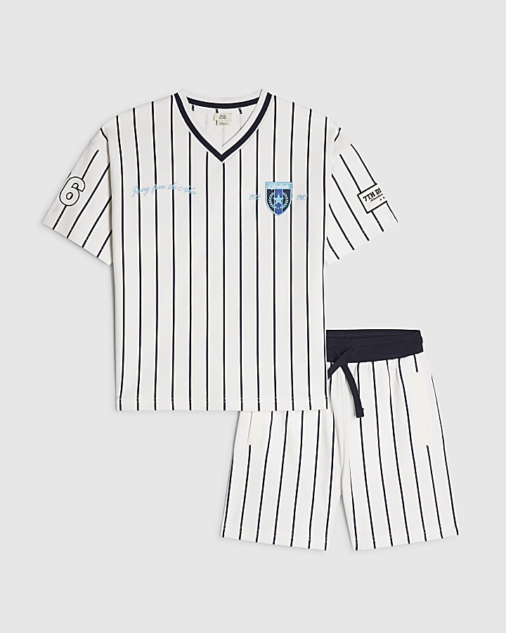 Boys White Oversized Stripe T-Shirt Set
