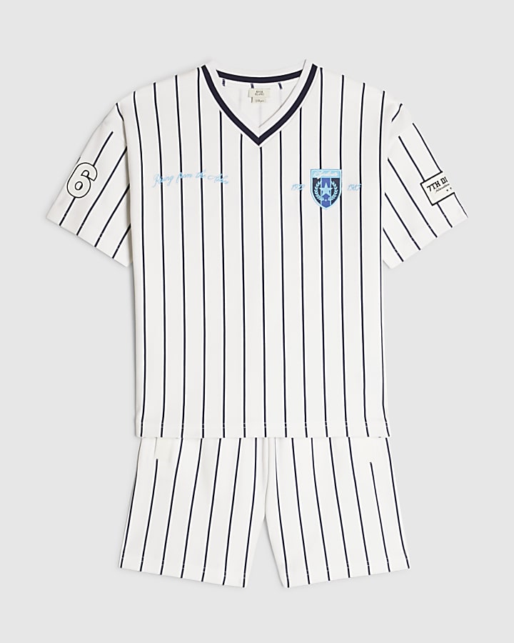 Boys White Oversized Stripe T-Shirt Set
