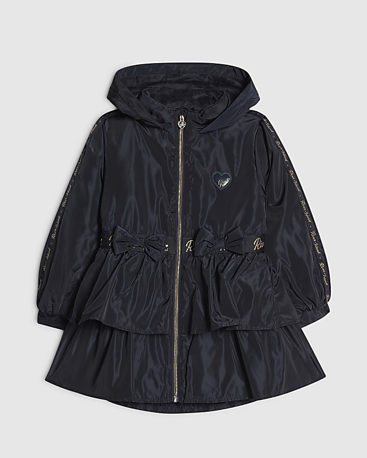 Girls Navy Frill Bow Raincoat