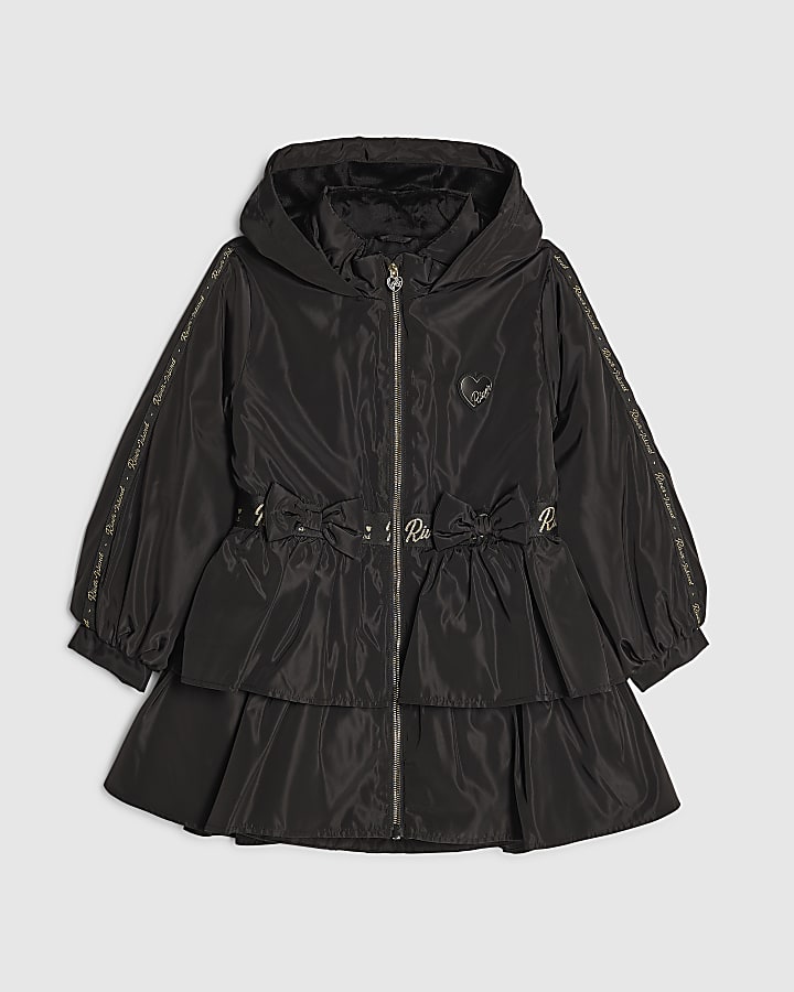 Girls Black Frill Bow Raincoat