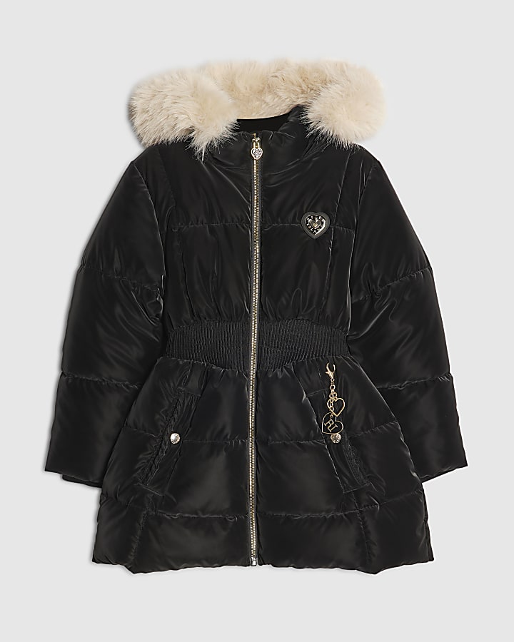 Girls Black Velour Padded Faux Fur Trim Coat