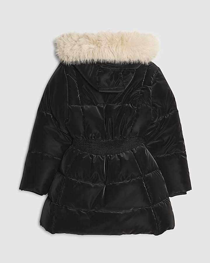 Girls Black Velour Padded Faux Fur Trim Coat