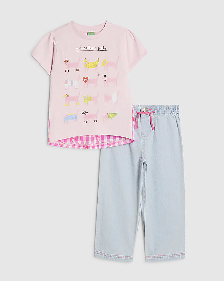 Mini Girl Pink Cat T-Shirt And Jean Set