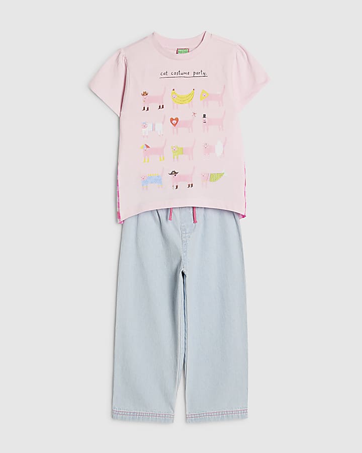 Mini Girl Pink Cat T-Shirt And Jean Set