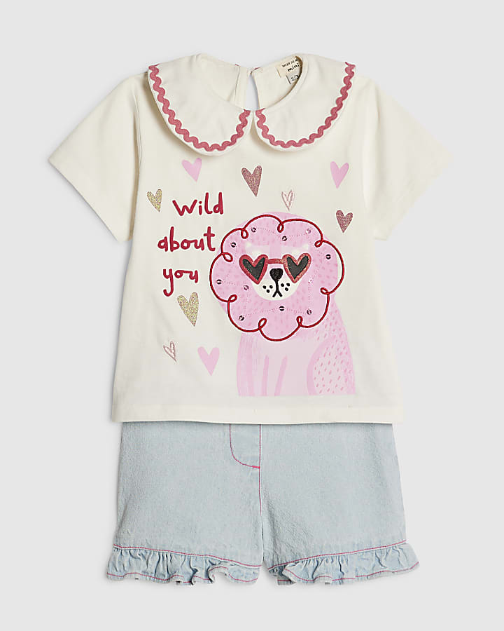 Mini Girls White Collar T-Shirt Denim Set