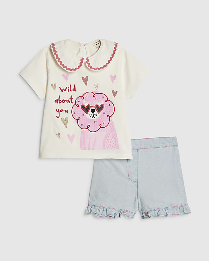 Mini Girls White Collar T-Shirt Denim Set