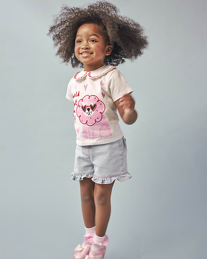 Mini Girls White Collar T-Shirt Denim Set