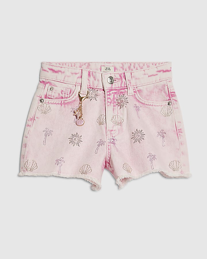 Girls Pink Palm Tree Embellished Shorts