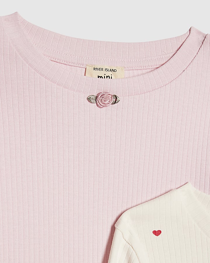 Mini Girls Cream Rib Heart Pack Of 2 Tops