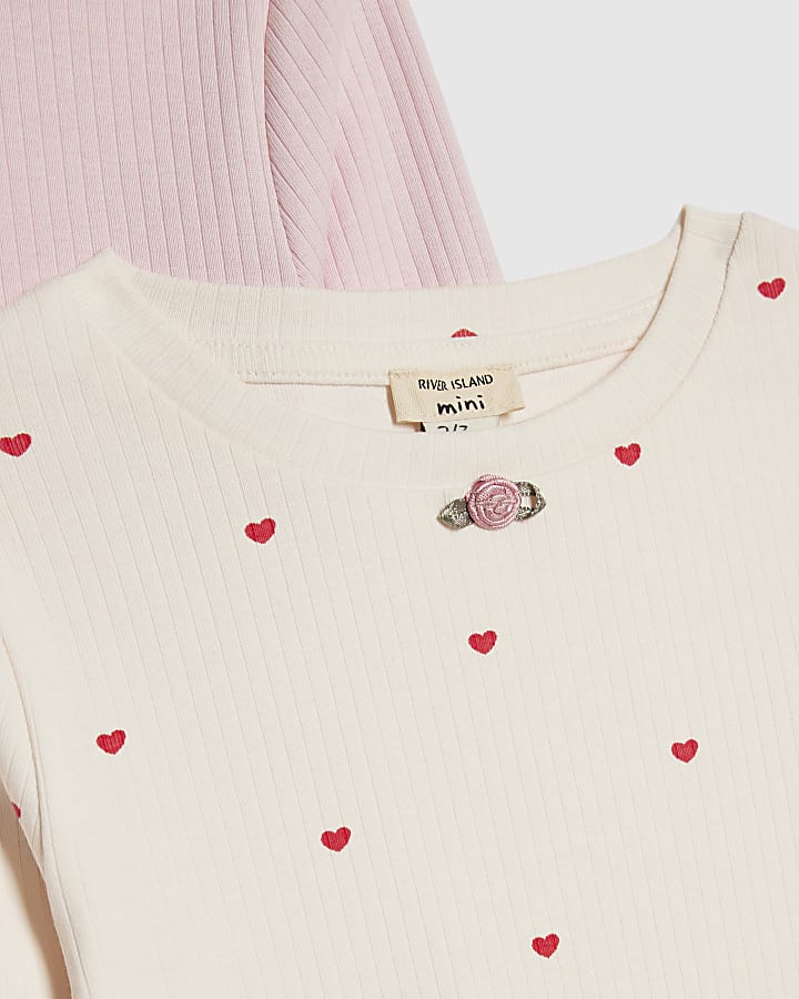 Mini Girls Cream Rib Heart Pack Of 2 Tops