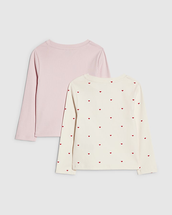 Mini Girls Cream Rib Heart Pack Of 2 Tops