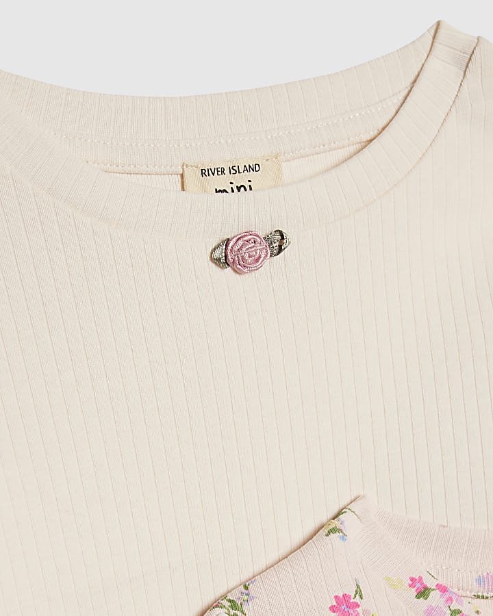 Mini Girls Pink Ribbed Floral Pack Of 2 Tops