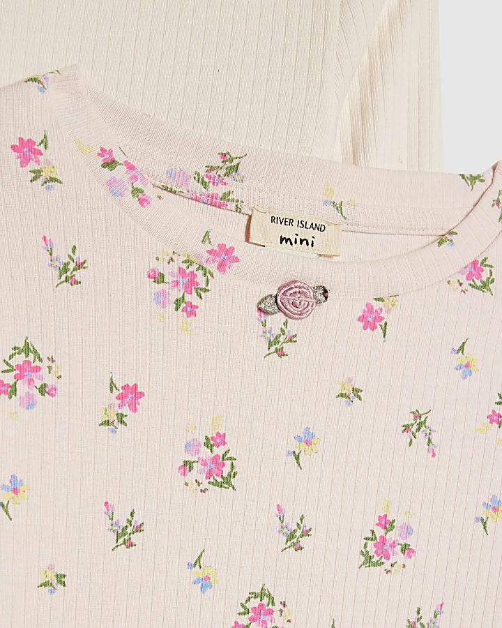 Mini Girls Pink Ribbed Floral Pack Of 2 Tops