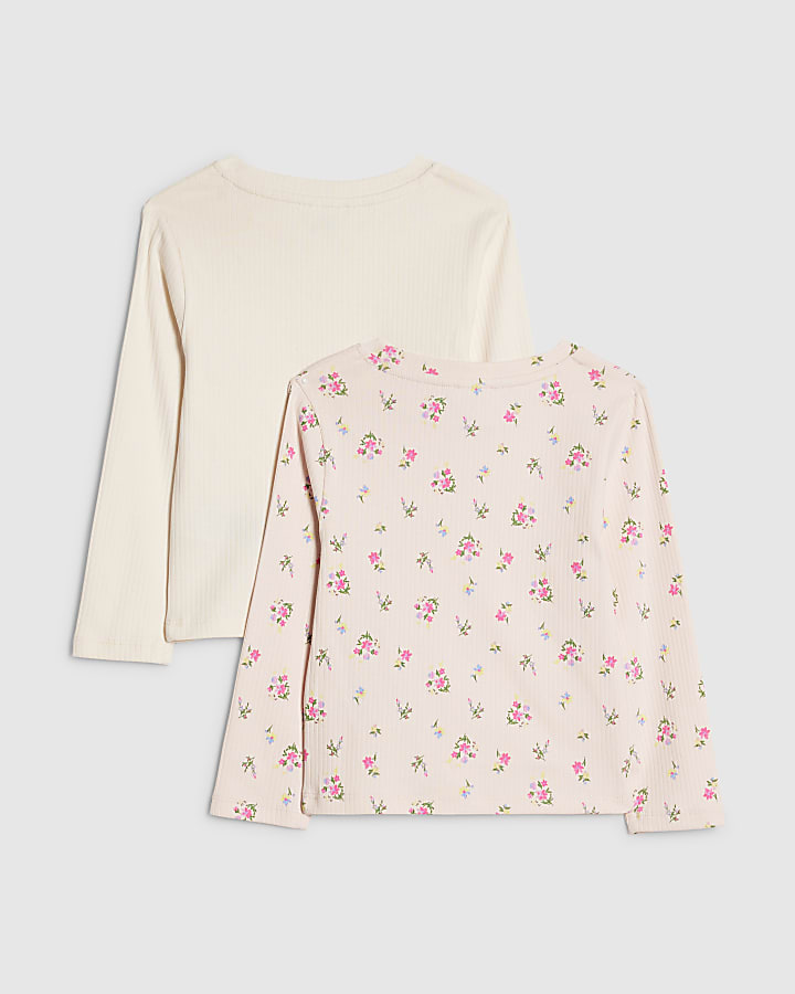 Mini Girls Pink Ribbed Floral Pack Of 2 Tops