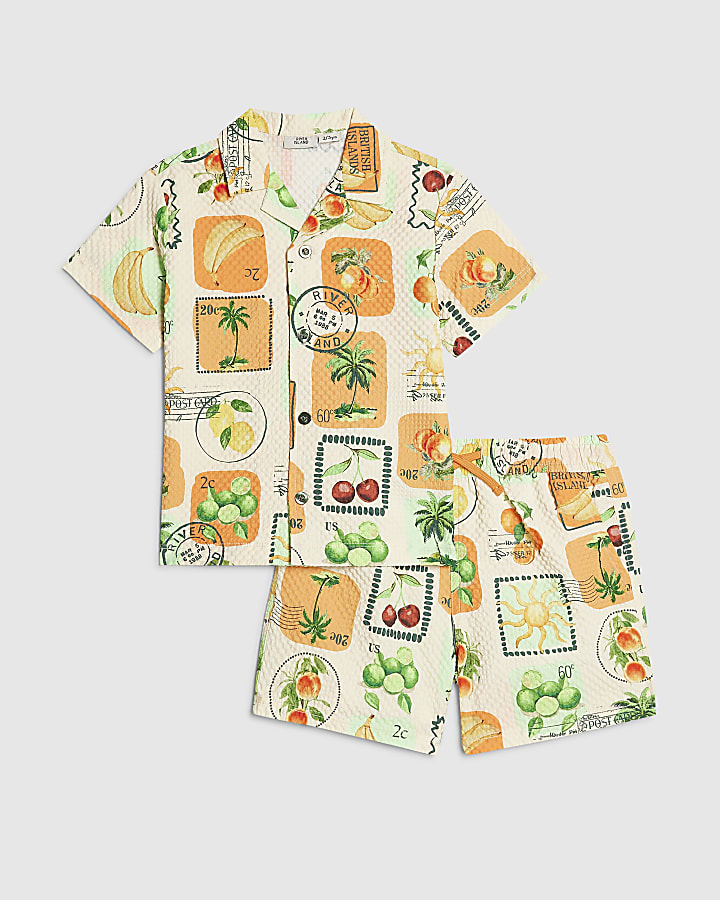 Mini Boys Cream Postcard Print Swim Set