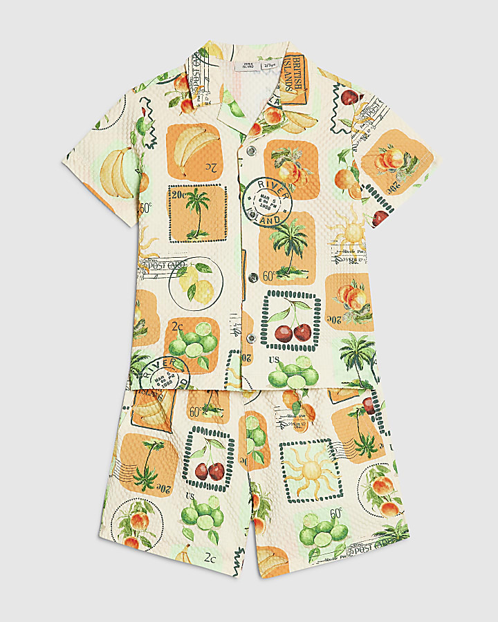 Mini Boys Cream Postcard Print Swim Set