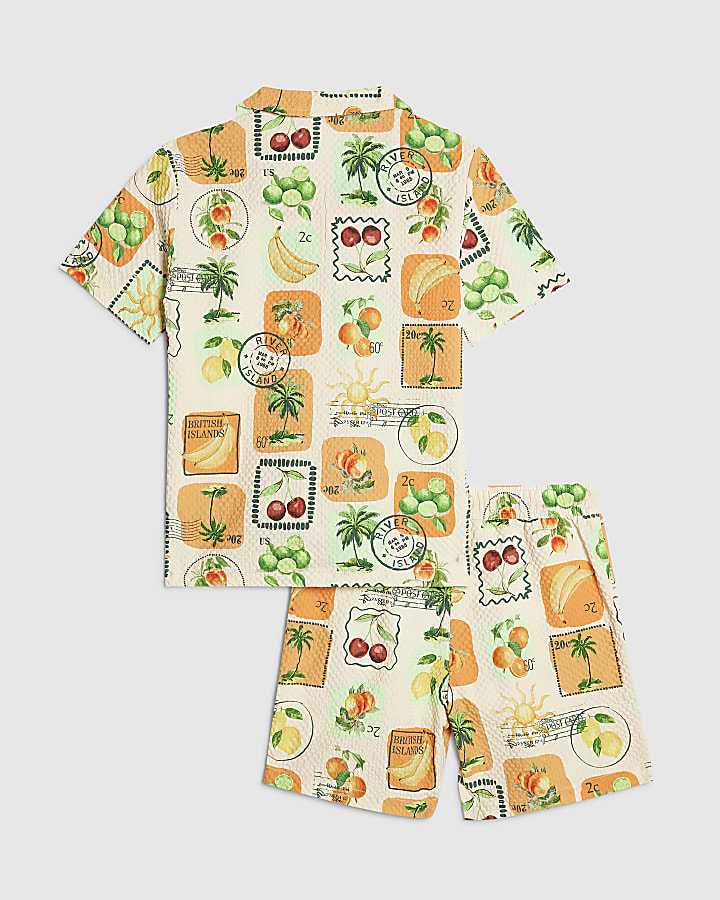 Boys Cream Postcard Print Swim Set