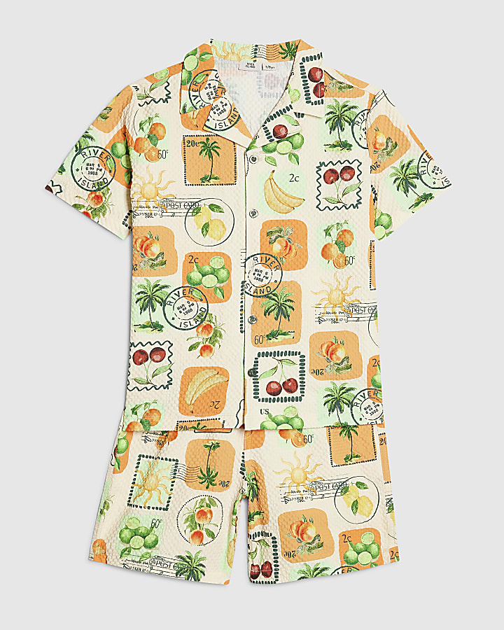 Boys Cream Postcard Print Swim Set