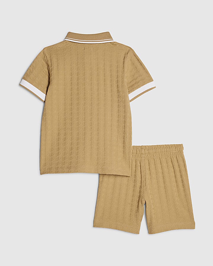 Mini Boys Brown Polo Shirt And Shorts Set