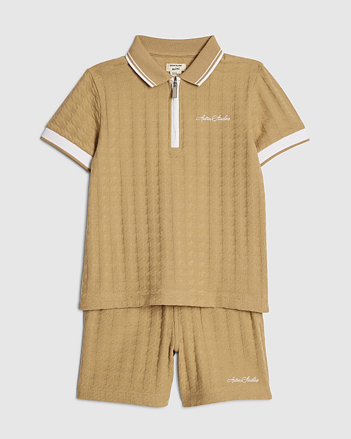 Mini Boys Brown Polo Shirt And Shorts Set