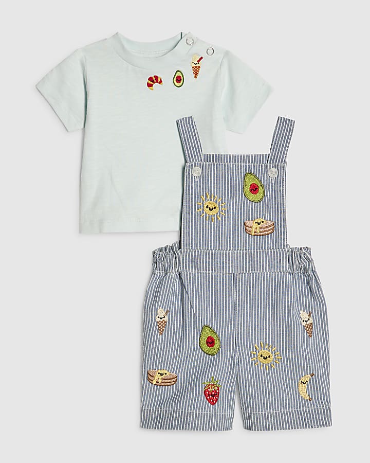 Baby Boys Blue Stripe Embroidery Dungaree Set