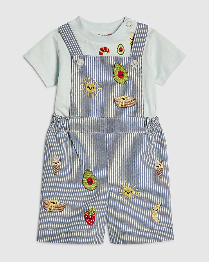Baby Boys Blue Stripe Embroidery Dungaree Set