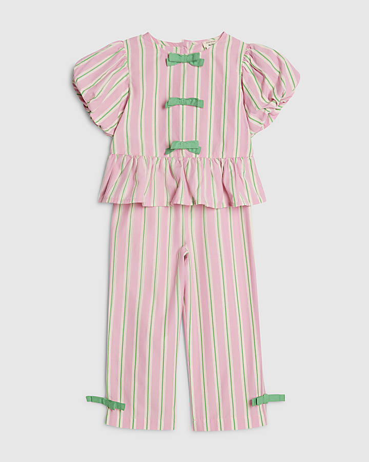 Mini Girls Pink Stripe Bow Wide Leg Set