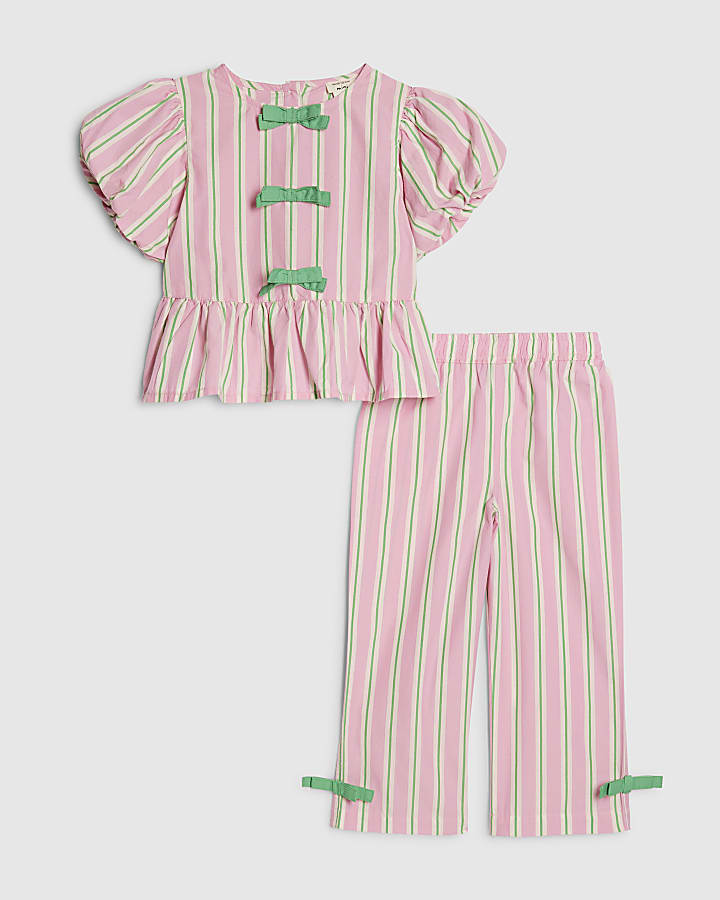 Mini Girls Pink Stripe Bow Wide Leg Set