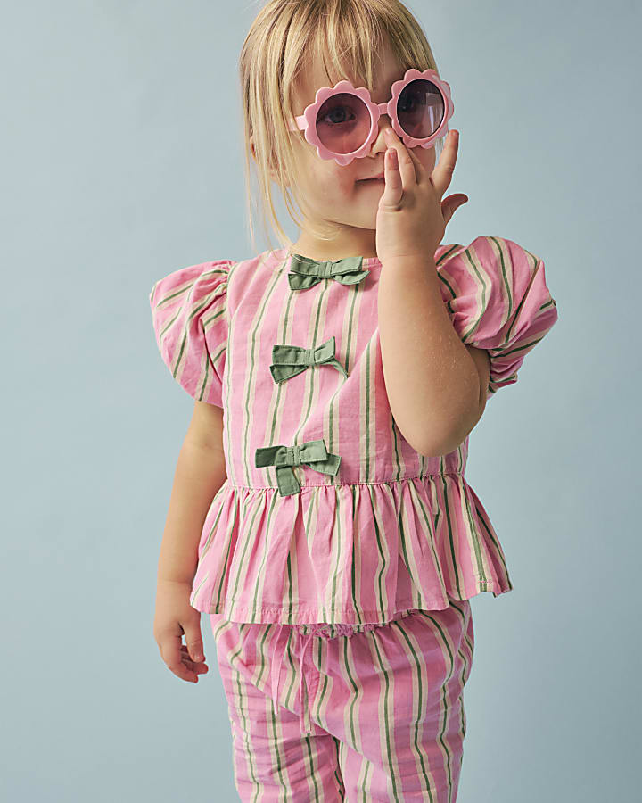 Mini Girls Pink Stripe Bow Wide Leg Set