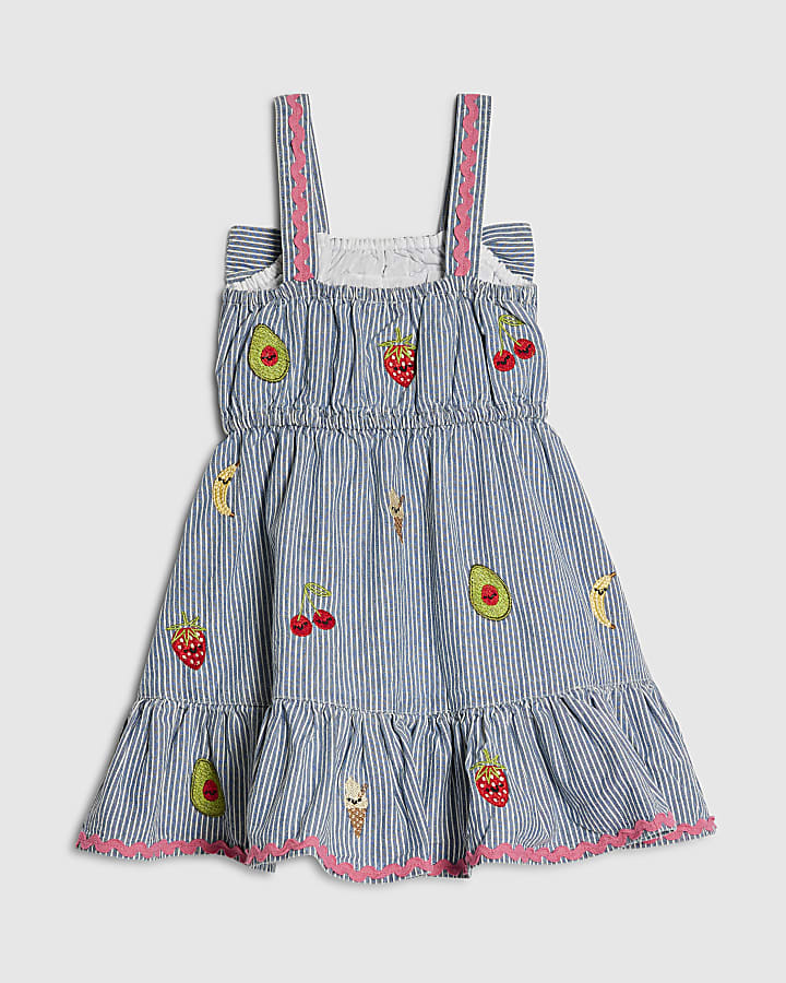 Mini Girls Blue Stripe Embroidered Bow Dress