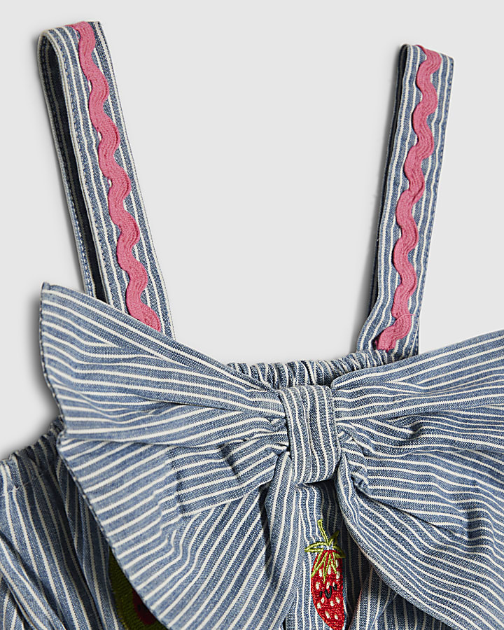 Mini Girls Blue Stripe Embroidered Bow Dress