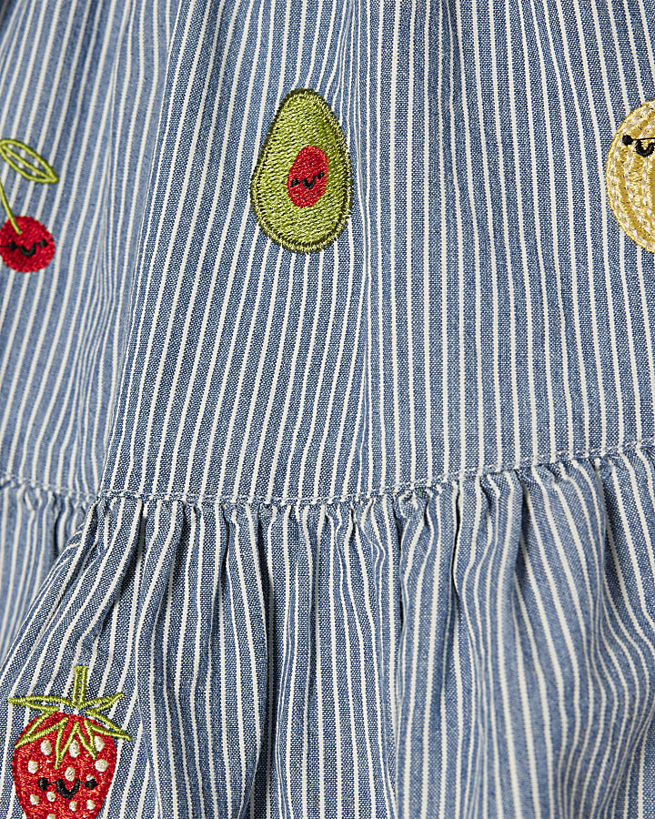 Mini Girls Blue Stripe Embroidered Bow Dress