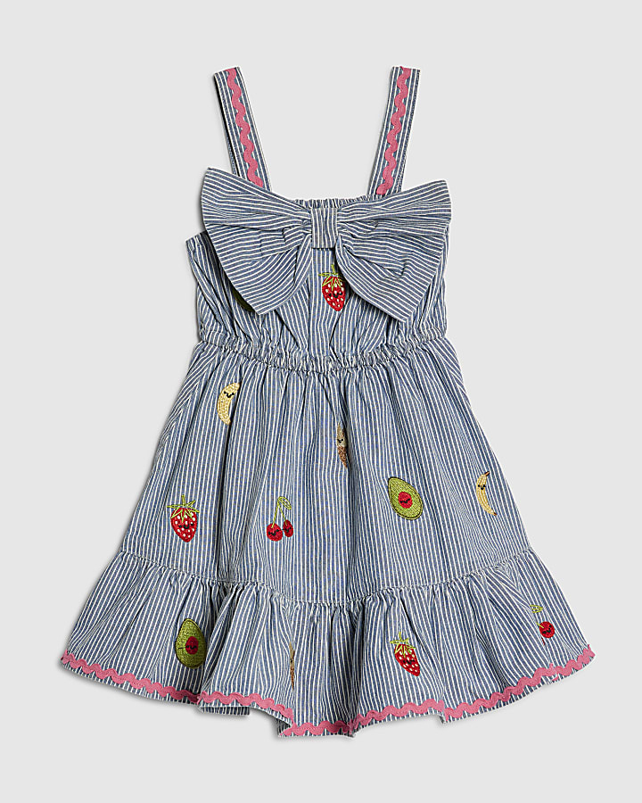Mini Girls Blue Stripe Embroidered Bow Dress