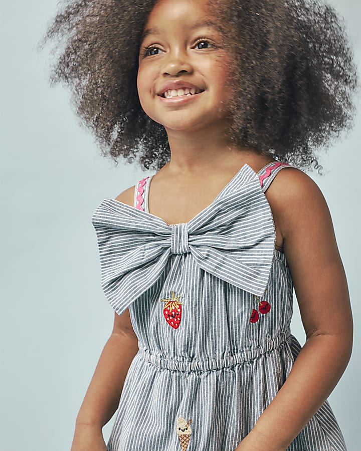 Mini Girls Blue Stripe Embroidered Bow Dress