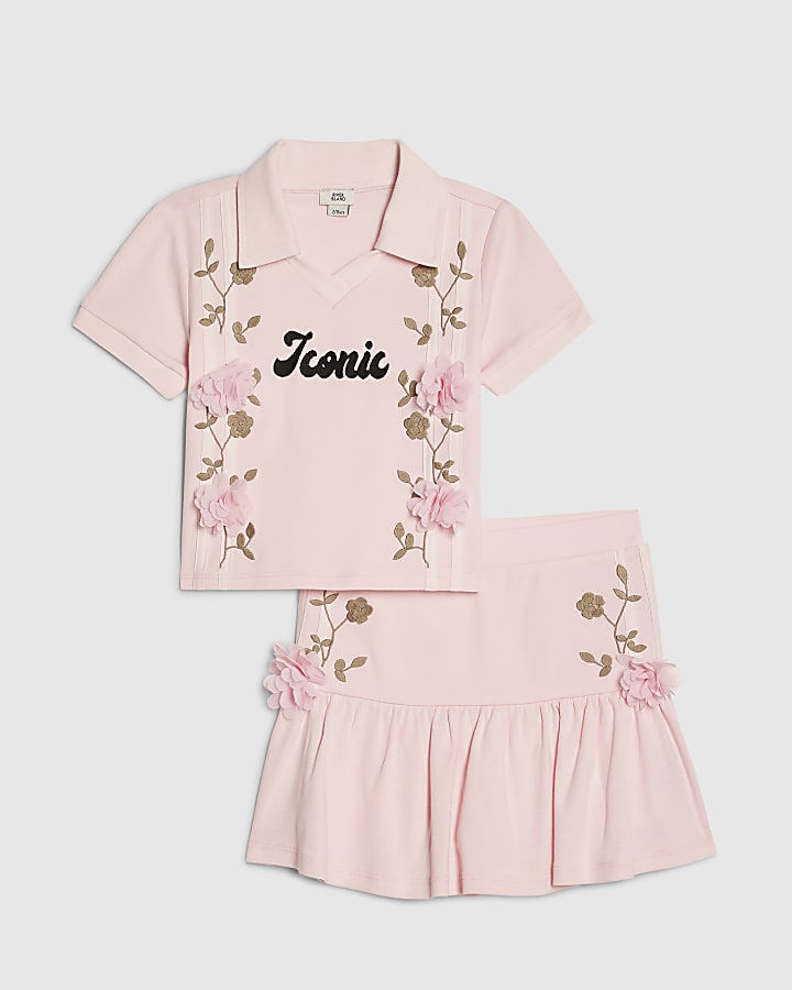 Girls Pink Floral Polo Skirt Set