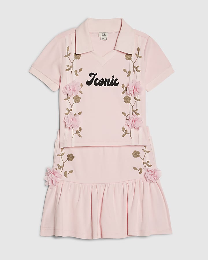 Girls Pink Floral Polo Skirt Set