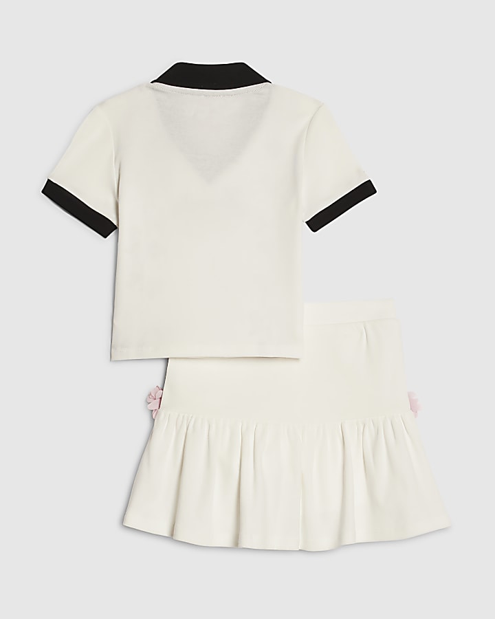 Girls White Floral Polo Skirt Set
