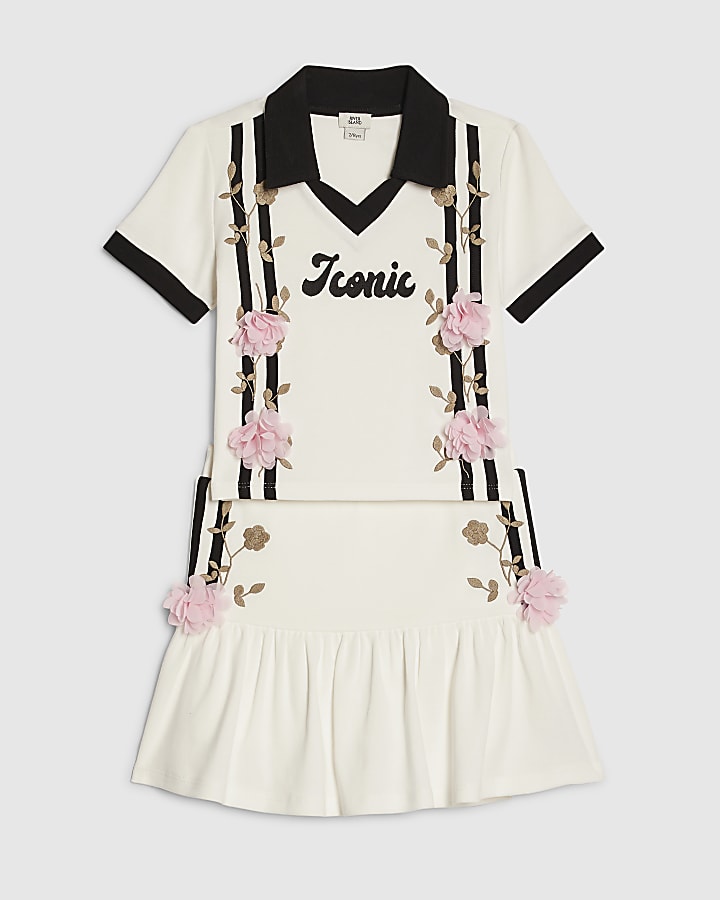 Girls White Floral Polo Skirt Set