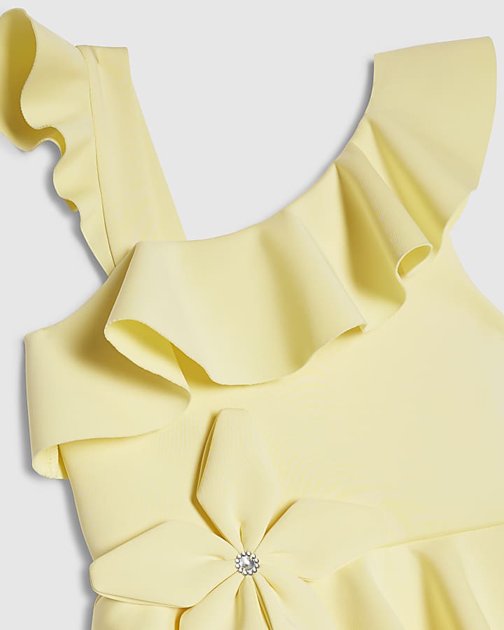 Girls Yellow Asymmetric Floral Scuba Dress