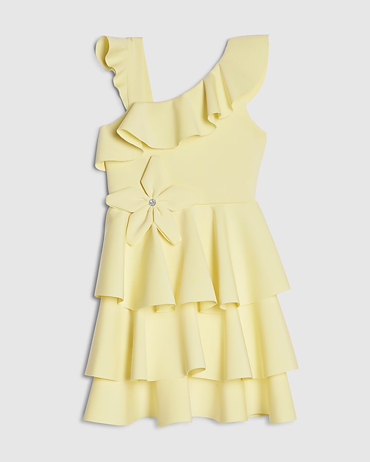 Girls Yellow Asymmetric Floral Scuba Dress